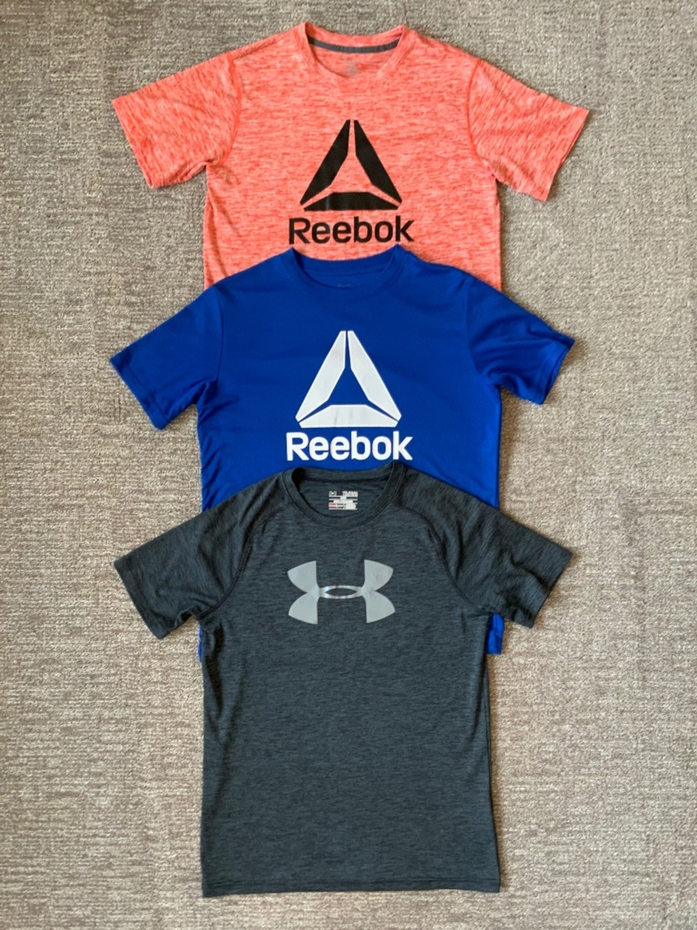 Lot of (3) Boys Reebok & Under Armout Logo Short Sleeve Athletic Tee